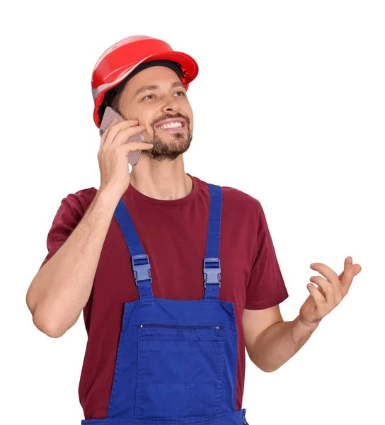 Professioneller Reparateur Uniform Telefoniert Vor Weißem Hintergrund Platz Für Text — Stockfoto