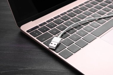 Siyah ahşap masada USB kablo ve dizüstü bilgisayar, yakın plan.