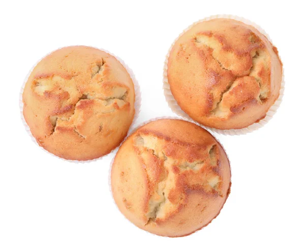 Smakliga Muffins Vit Bakgrund Ovanifrån — Stockfoto