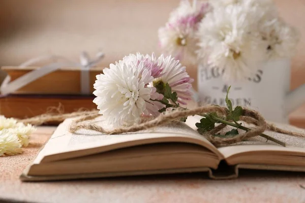 Βιβλίο Χρυσάνθεμο Λουλούδια Σελιδοδείκτη Μπεζ Υφή Πίνακα Closeup — Φωτογραφία Αρχείου