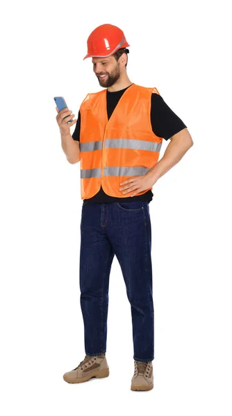 Man Reflecterend Uniform Met Smartphone Witte Achtergrond — Stockfoto