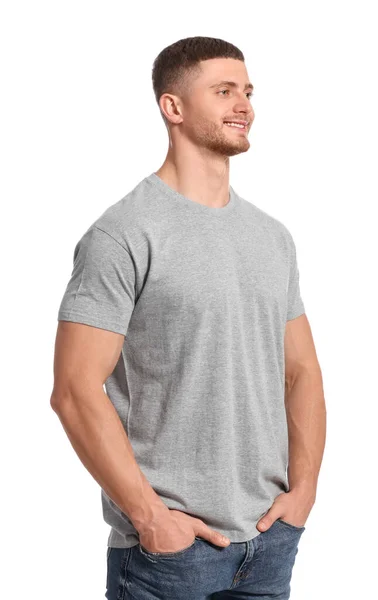 Homem Vestindo Camiseta Cinza Fundo Branco Mockup Para Design — Fotografia de Stock