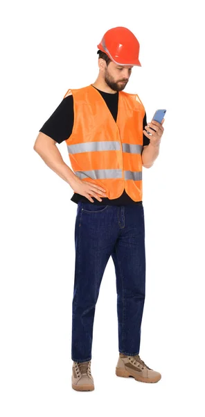 Man Reflective Uniform Smartphone White Background — Stock Photo, Image