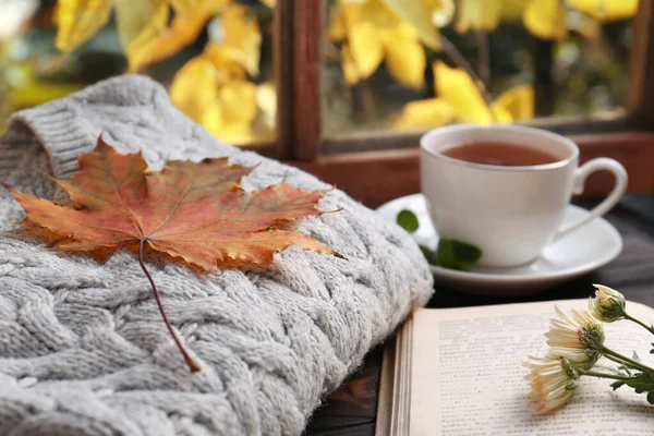 Cup Aromatic Tea Soft Sweater Book Wooden Windowsill Indoors Closeup — Stock Photo, Image