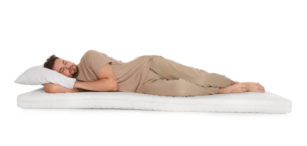 Uomo Che Dorme Materasso Morbido Sfondo Bianco — Foto Stock