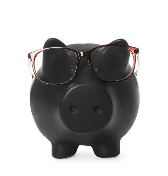 Piggy Bank Met Glazen Geïsoleerd Wit — Stockfoto