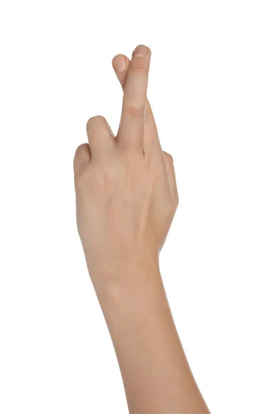 Γυναίκα Σταυρωμένα Δάχτυλα Λευκό Φόντο Κοντινό Πλάνο Του Χεριού — Φωτογραφία Αρχείου