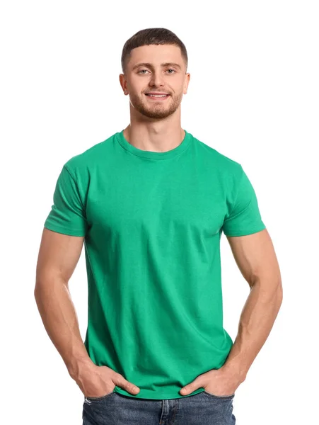 Man Bär Grön Shirt Vit Bakgrund Mockup För Design — Stockfoto