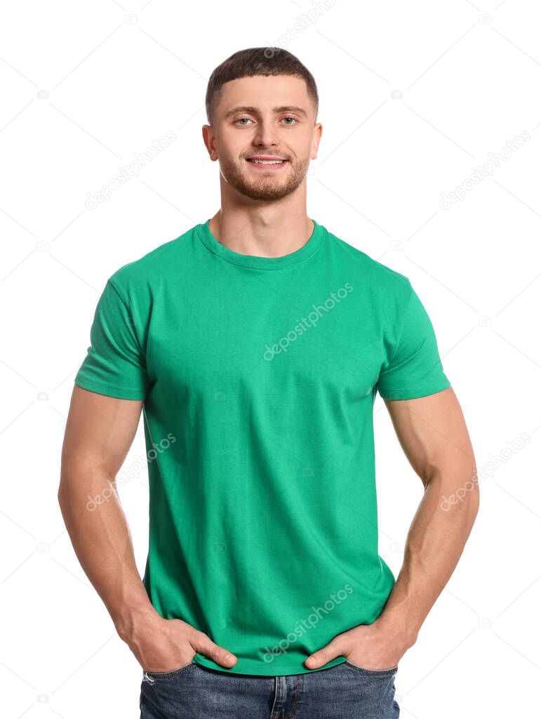 Man wearing green t-shirt on white background. Mockup for design