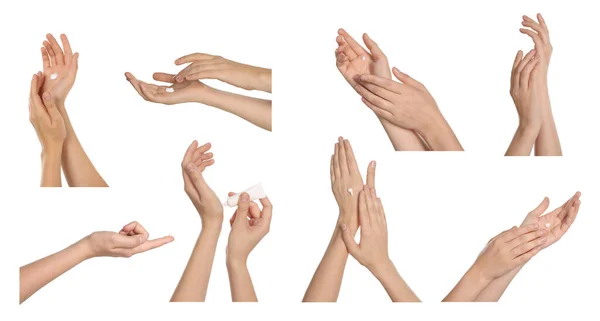 Κολάζ Φωτογραφίες Γυναικών Που Εφαρμόζουν Κρέμα Στα Χέρια Λευκό Φόντο — Φωτογραφία Αρχείου
