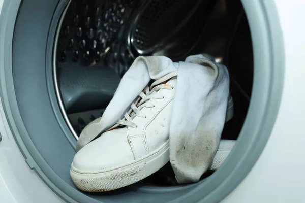 Sneakers Dirty Socks Washing Machine Closeup — Stock Photo, Image