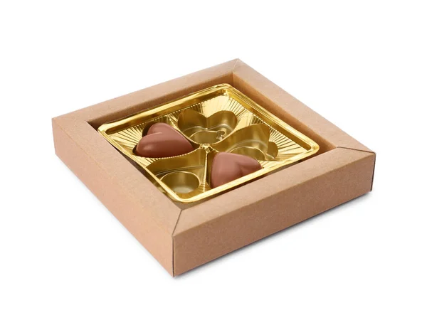 Μερικώς Άδειο Κουτί Σοκολατένιες Καραμέλες Που Απομονώνονται Λευκό — Φωτογραφία Αρχείου