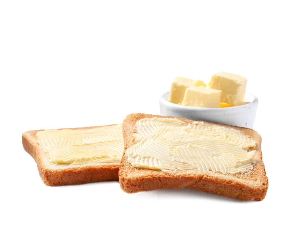 白い背景にバターとナイフでおいしいトースト — ストック写真