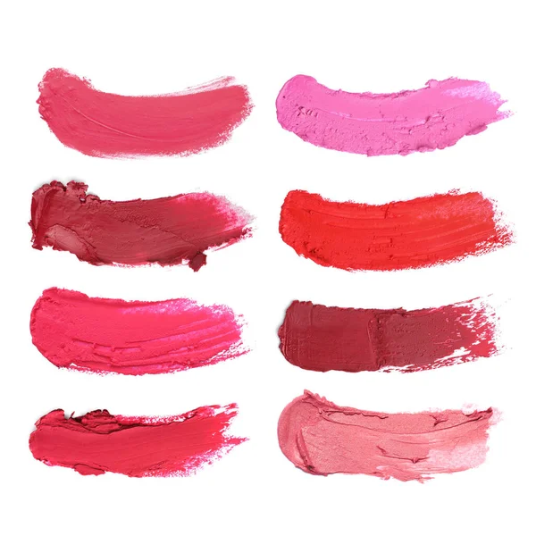 Smears Different Beautiful Lipsticks White Background Top View — Stock Photo, Image