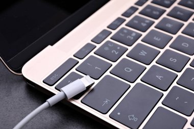 Siyah masada ışık konnektörü ve laptop olan USB kablosu, yakın plan