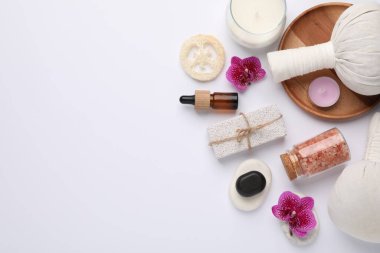 Beyaz arkaplan üzerinde farklı spa ürünleri içeren düz konum, metin için boşluk