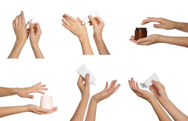Collage Photos Women Applying Cream Hands White Background Closeup — Stock Photo, Image