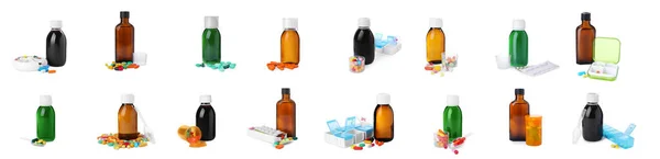 Set Bottles Cough Syrup Pills White Background Banner Design — Stock Photo, Image