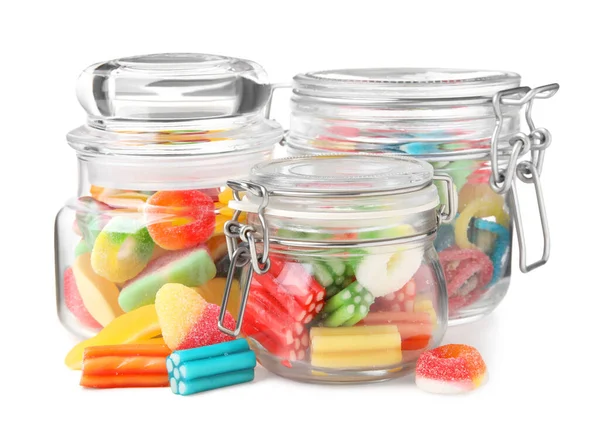Tasty Jelly Candies Jars White Background — Stock Photo, Image