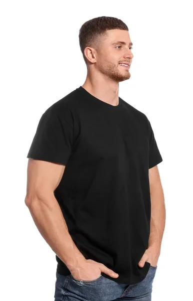 Homme Portant Shirt Noir Sur Fond Blanc Maquette Pour Design — Photo