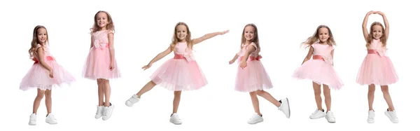 白い背景で踊る可愛い女の子の写真とコラージュ バナーデザイン — ストック写真