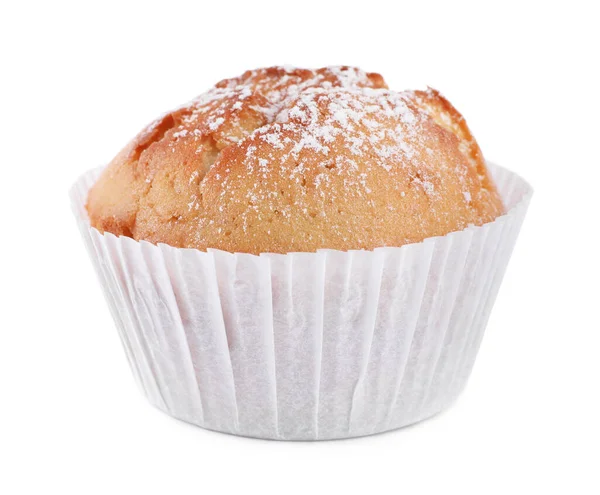 Tasty Muffin Powdered Sugar Isolated White — Stock Photo, Image