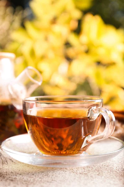 Chá Quente Mesa Texturizada Bege Livre Close Ambiente Outono — Fotografia de Stock