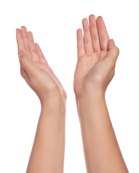 Kvinna Som Håller Händerna Mot Vit Bakgrund Närbild — Stockfoto