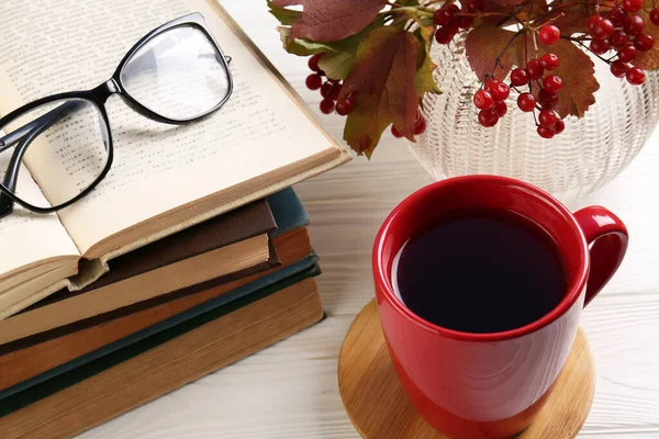 Cup Hot Drink Stack Books Glasses White Wooden Table View — Stock Photo, Image