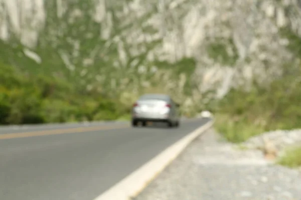 Big Mountains Trees Road White Car Blurred View — Stock Photo, Image
