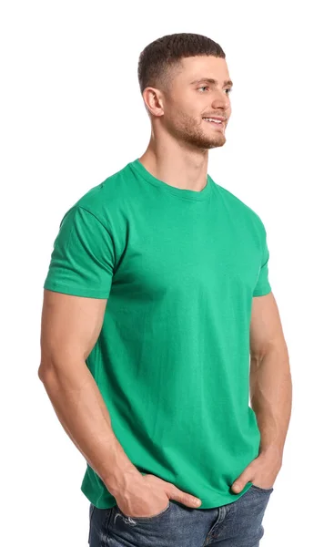 Zöld Pólót Viselő Férfi Fehér Háttérrel Mockup Tervezéshez — Stock Fotó