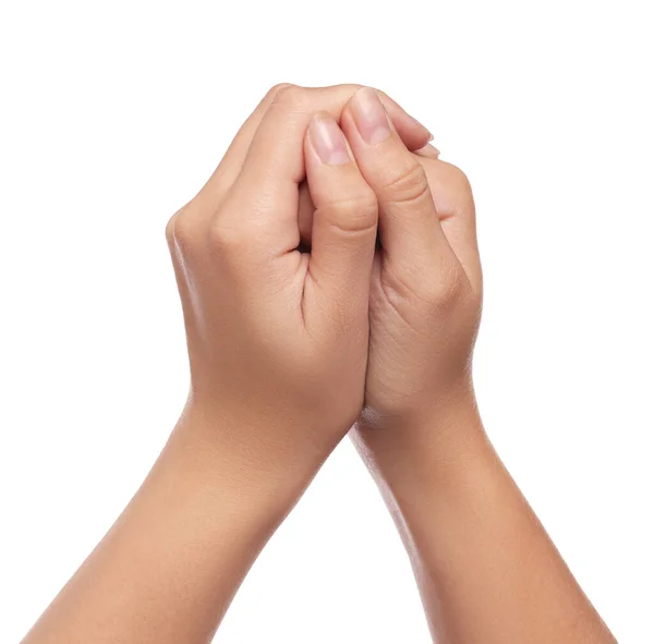 Wanita Memegang Tangan Bertepuk Tangan Sambil Berdoa Latar Belakang Putih — Stok Foto