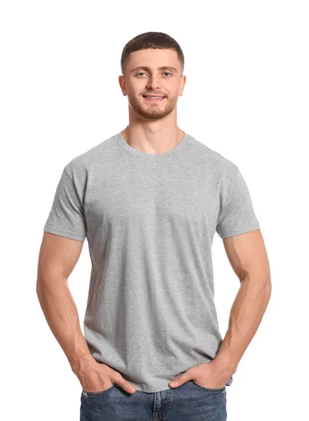 白地にグレーのTシャツを着た男 デザインのためのモックアップ — ストック写真