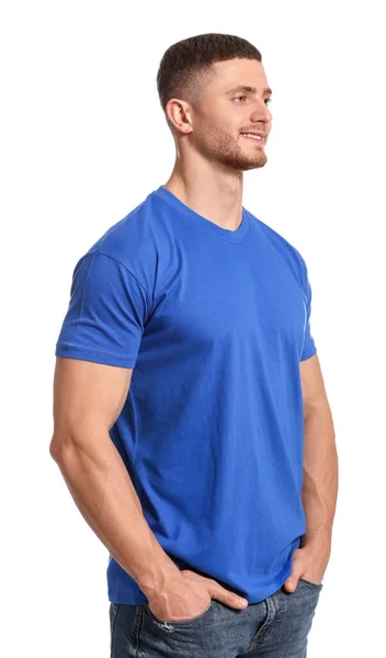 Homme Portant Shirt Bleu Sur Fond Blanc Maquette Pour Design — Photo
