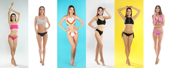 Collage Con Foto Donne Che Indossano Bikini Sfondi Colore Diverso — Foto Stock