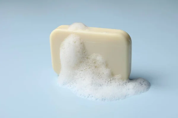 Soap Fluffy Foam Light Blue Background — Stock Photo, Image