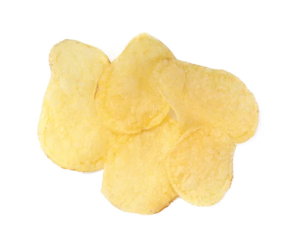 Haufen Leckerer Kartoffelchips Auf Weißem Hintergrund Draufsicht — Stockfoto
