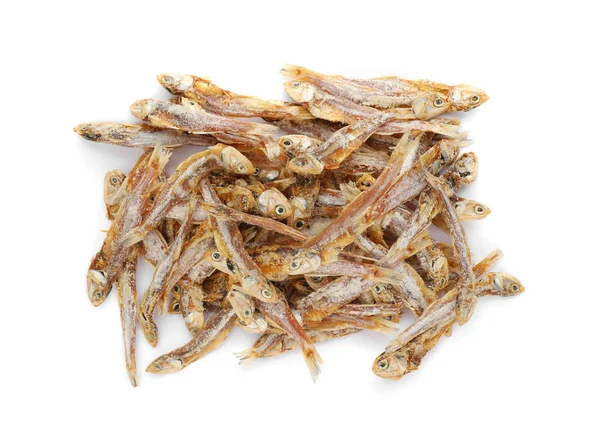 stock image Delicious dried salted anchovies on white background, top view