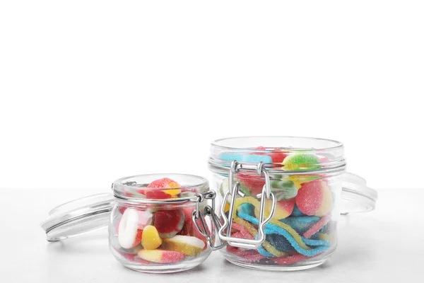 Tasty Jelly Candies Jars Light Grey Table — Stock Photo, Image