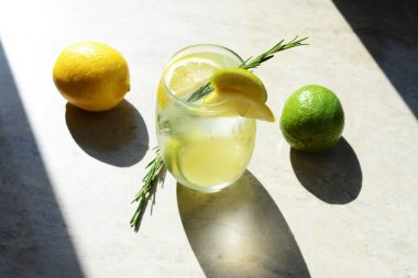 Lezzetli ferahlatıcı limonata ve malzemeler ışık masasında. Yaz içeceği