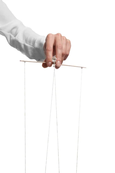 Woman Pulling Strings Puppet White Background Closeup — Stock Photo, Image