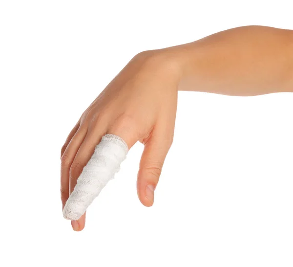 Woman Finger Wrapped Medical Bandage White Background Closeup — Stock Photo, Image