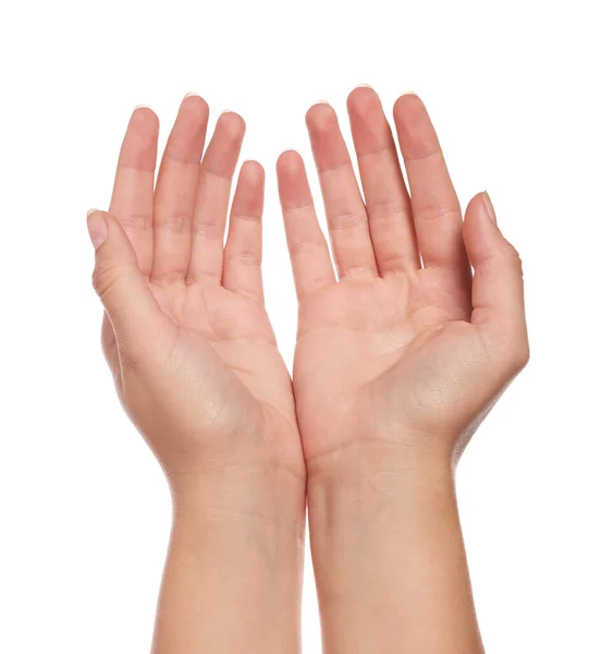 Γυναίκα Κρατώντας Χέρια Της Λευκό Φόντο Closeup — Φωτογραφία Αρχείου