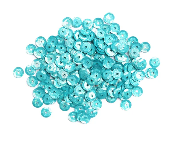 Pile Turquoise Sequins White Background Top View — Stock Photo, Image