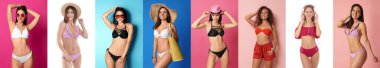 Farklı renklerde bikini giyen kadınların fotoğraflarıyla kolaj. Pankart tasarımı