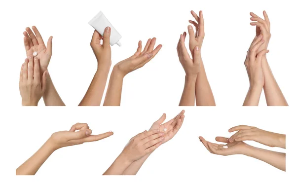 Collage Photos Women Applying Cream Hands White Background Closeup — Stock Photo, Image