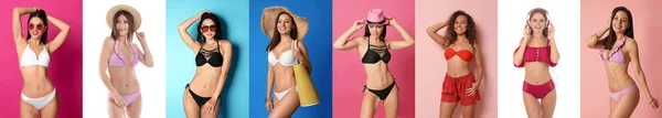 Collage Med Foton Kvinnor Som Bär Bikini Olika Färgbakgrunder Banderolldesign — Stockfoto
