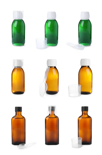 Set Med Flaskor Hostmedicin Vit Bakgrund — Stockfoto