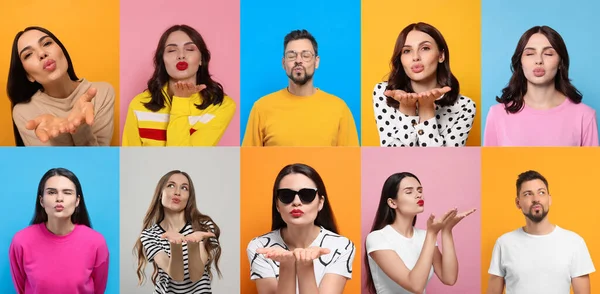 Collage Con Fotos Personas Soplando Besos Aire Diferentes Colores Fondo — Foto de Stock