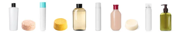 Set Různými Druhy Šamponu Běžné Suché Pevné Bílém Pozadí Návrh — Stock fotografie